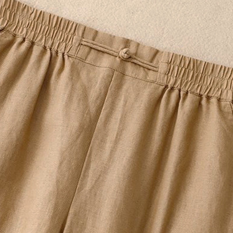 Pantalon large en coton et lin pour femme, polyvalent, couleur unie, avec ceinture élastique et boutons Buddha Stones , avec poches - image 6