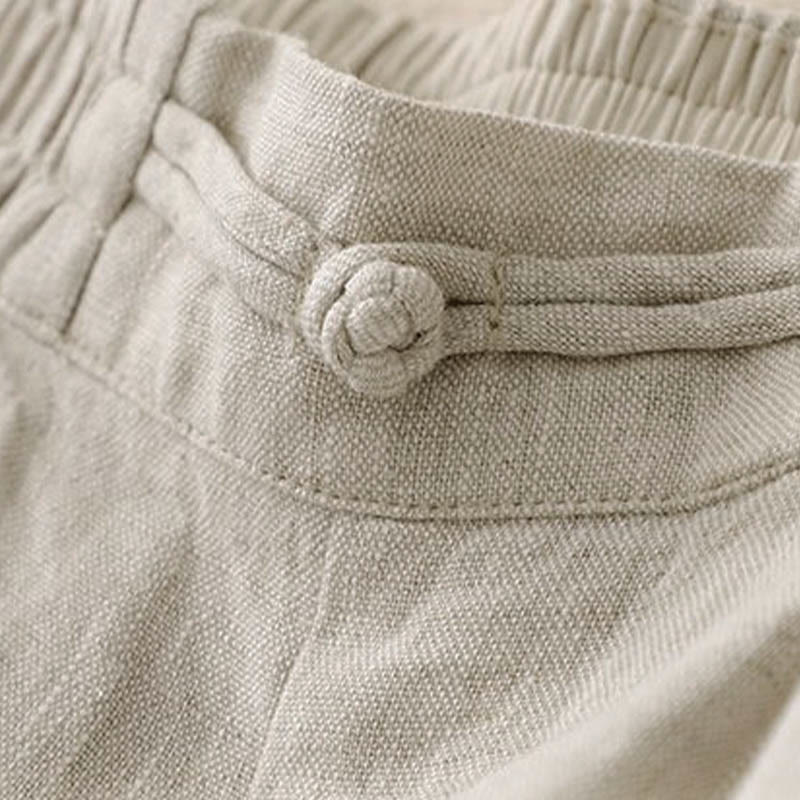 Pantalon large en coton et lin pour femme, polyvalent, couleur unie, avec ceinture élastique et boutons Buddha Stones , avec poches - image 14