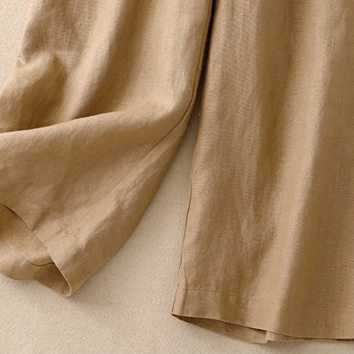Pantalon large en coton et lin pour femme, polyvalent, couleur unie, avec ceinture élastique et boutons Buddha Stones , avec poches - image 8