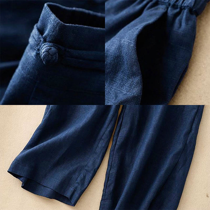Pantalon large en coton et lin pour femme, polyvalent, couleur unie, avec ceinture élastique et boutons Buddha Stones , avec poches - image 10