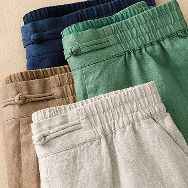 Pantalon large en coton et lin pour femme, polyvalent, couleur unie, avec ceinture élastique et boutons Buddha Stones , avec poches - image 19