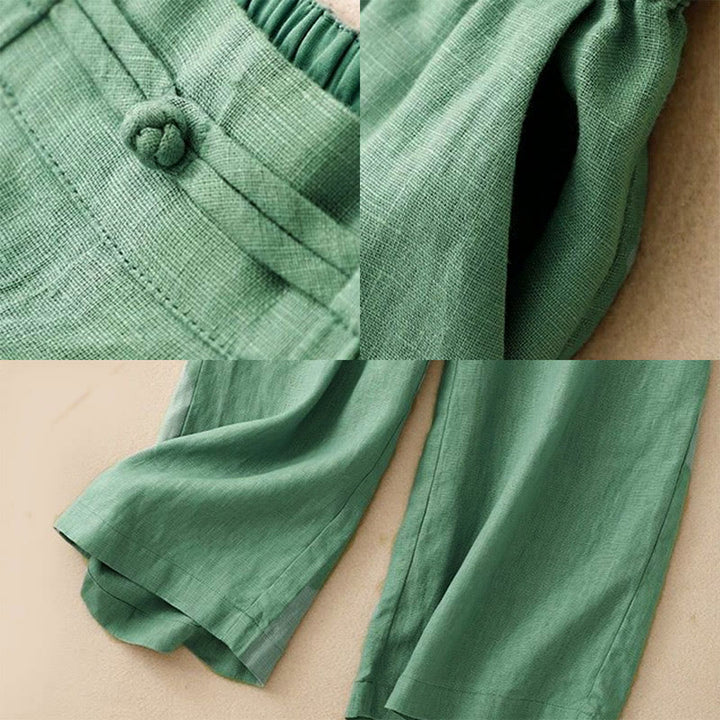 Pantalon large en coton et lin pour femme, polyvalent, couleur unie, avec ceinture élastique et boutons Buddha Stones , avec poches - image 3