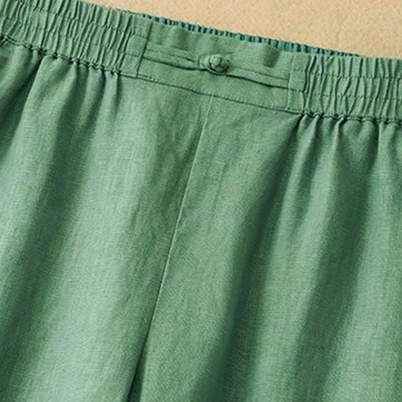 Pantalon large en coton et lin pour femme, polyvalent, couleur unie, avec ceinture élastique et boutons Buddha Stones , avec poches - image 2