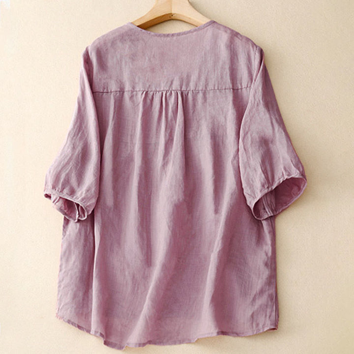 Chemise décontractée en coton à manches mi-longues et col en V pour femme, motif Buddha Stones - image 2