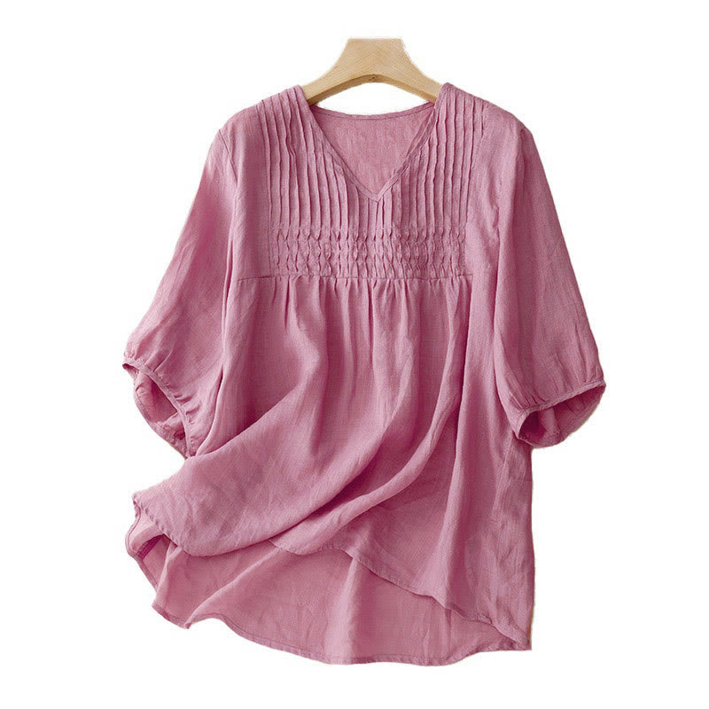 Chemise à manches courtes et col en V pour femme, style décontracté uni, Buddha Stones - image 19