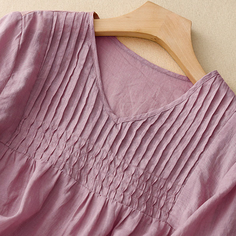 Chemise à manches courtes et col en V pour femme, style décontracté uni, Buddha Stones - image 9