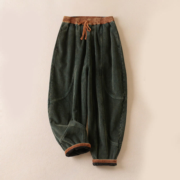 Pantalon sarouel en velours côtelé de coton contrasté Buddha Stones pour femme, doublé polaire thermique avec poches - Version doublée en polaire - Vert forêt - US16，UK/AU20，EU48 (3XL) - image 0