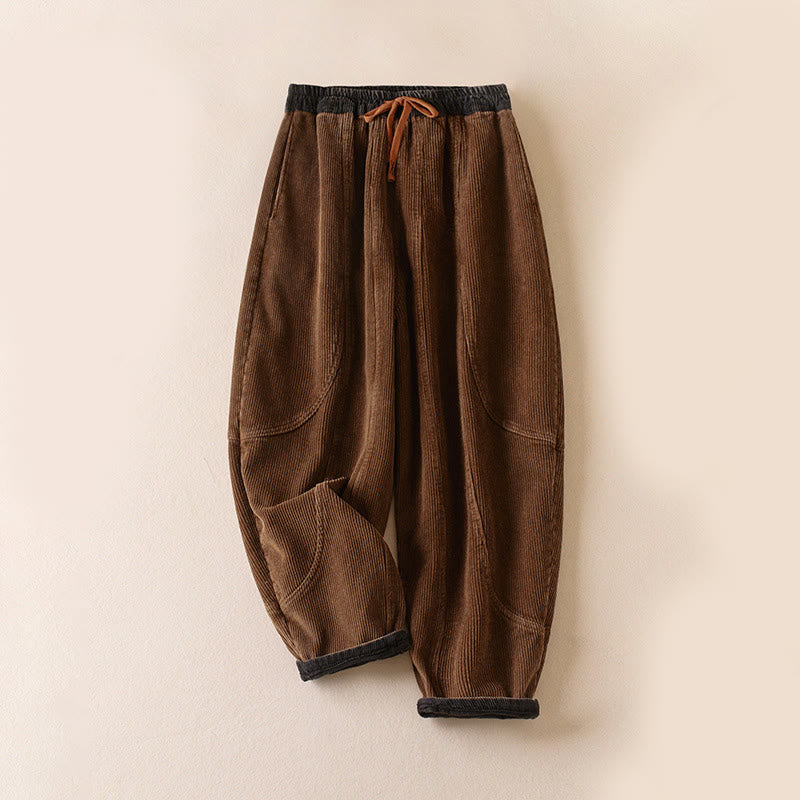 Pantalon sarouel en velours côtelé de coton contrasté Buddha Stones pour femme, doublé polaire thermique avec poches - Version doublée en polaire - SaddleBrown - US16，UK/AU20，EU48 (3XL) - image 13
