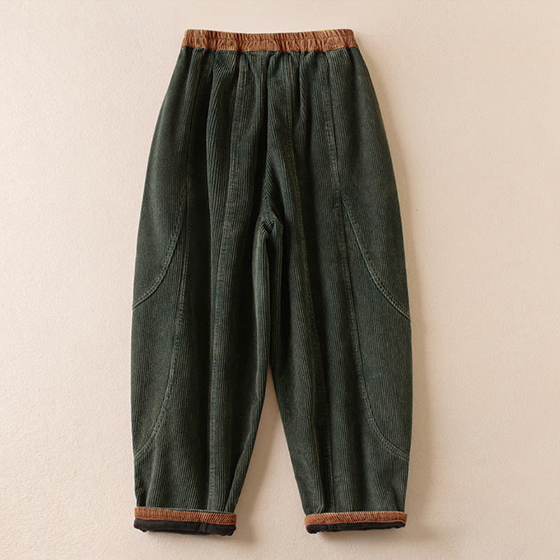 Pantalon sarouel en velours côtelé de coton contrasté Buddha Stones pour femme, doublé polaire thermique avec poches - image 1