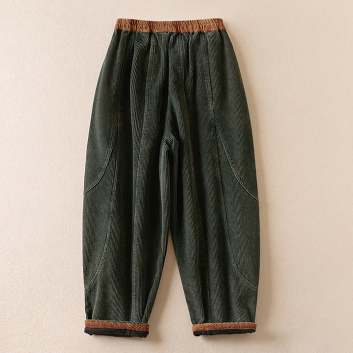 Pantalon sarouel en velours côtelé de coton contrasté Buddha Stones pour femme, doublé polaire thermique avec poches - image 1