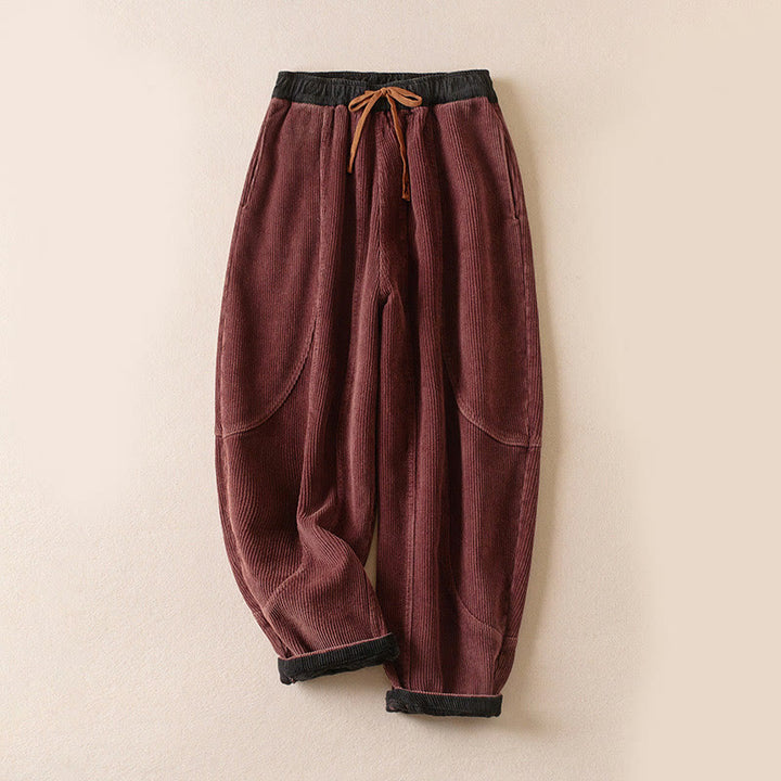Pantalon sarouel en velours côtelé de coton contrasté Buddha Stones pour femme, doublé polaire thermique avec poches - Rouge indien - US16，UK/AU20，EU48 (3XL) - image 6