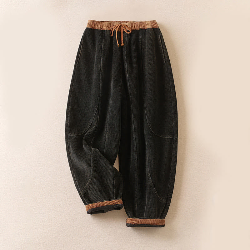 Pantalon sarouel en velours côtelé de coton contrasté Buddha Stones pour femme, doublé polaire thermique avec poches - Noir - US16，UK/AU20，EU48 (3XL) - image 0