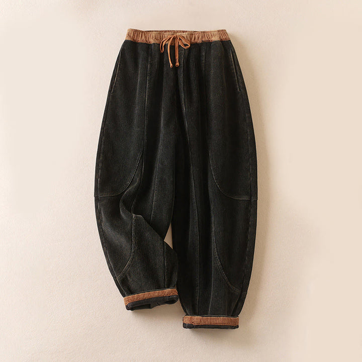 Pantalon sarouel en velours côtelé de coton contrasté Buddha Stones pour femme, doublé polaire thermique avec poches - Noir - US16，UK/AU20，EU48 (3XL) - image 0