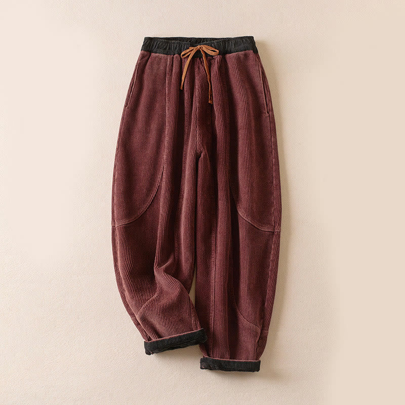 Pantalon sarouel en velours côtelé de coton contrasté Buddha Stones pour femme, doublé polaire thermique avec poches - Rouge indien - US16，UK/AU20，EU48 (3XL) - image 5