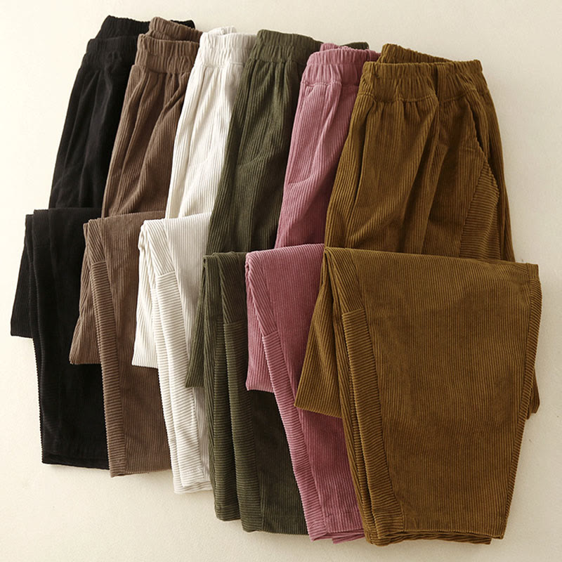 Pantalon sarouel en velours côtelé de coton uni vintage Buddha Stones Commute pour femme avec poches - image 23