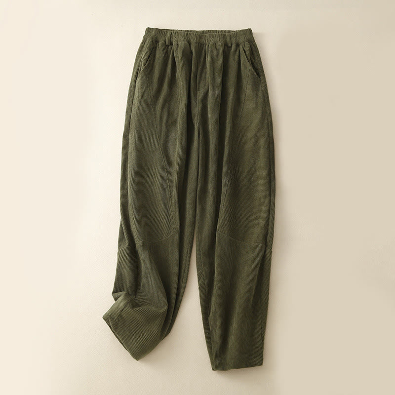 Pantalon sarouel en velours côtelé de coton uni vintage Buddha Stones Commute pour femme avec poches - Vert olive - US8-10，UK/AU12-14，EU40-42 (2XL) - image 4