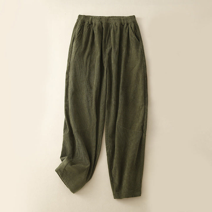 Pantalon sarouel en velours côtelé de coton uni vintage Buddha Stones Commute pour femme avec poches - Vert olive - US8-10，UK/AU12-14，EU40-42 (2XL) - image 4