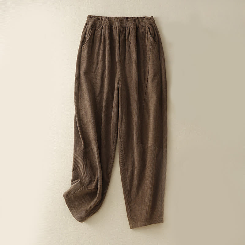 Pantalon sarouel en velours côtelé de coton uni vintage Buddha Stones Commute pour femme avec poches - Terre de sienne - US8-10，UK/AU12-14，EU40-42 (2XL) - image 0