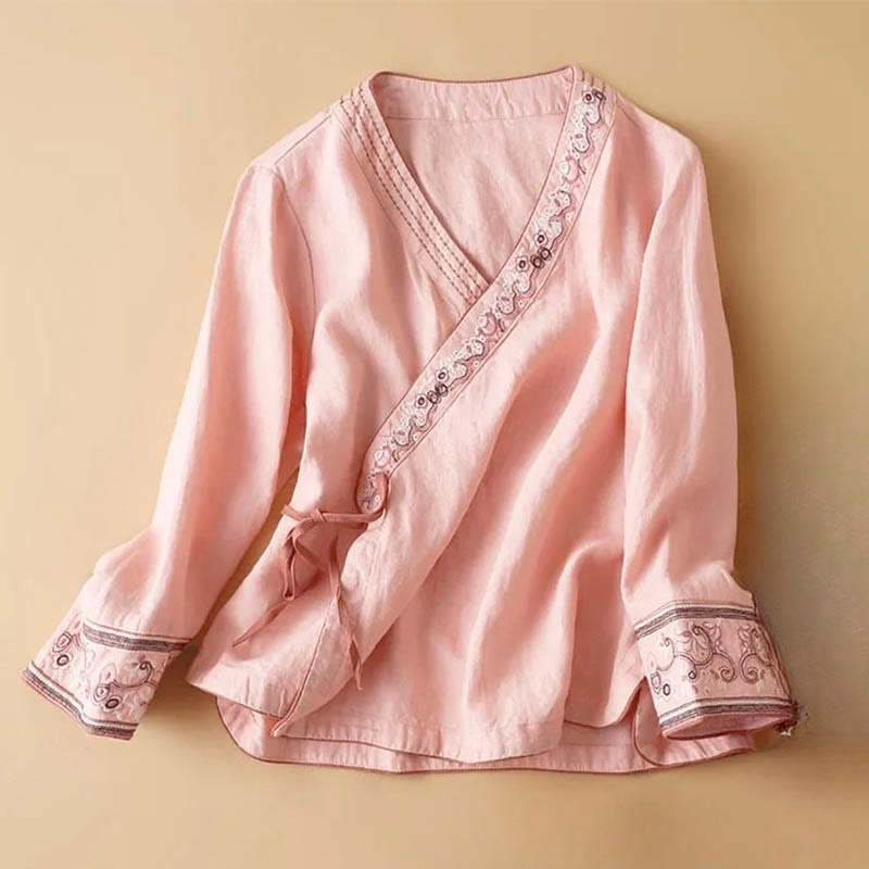 Chemise décontractée en coton à manches longues et col incliné avec broderies de Buddha Stones et fleurs pour femme - Rose - US12，UK/AU16，EU44 (3XL) - image 4