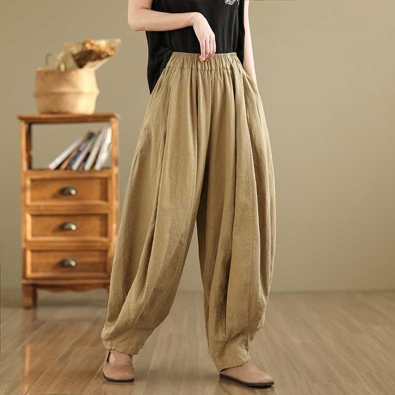 Pantalon sarouel en coton et lin pour femme, décontracté et simple, avec poches, motif Buddha Stones, printemps - Verge d'or pâle - US8-10，UK/AU12-14，EU40-42 (2XL) - image 10