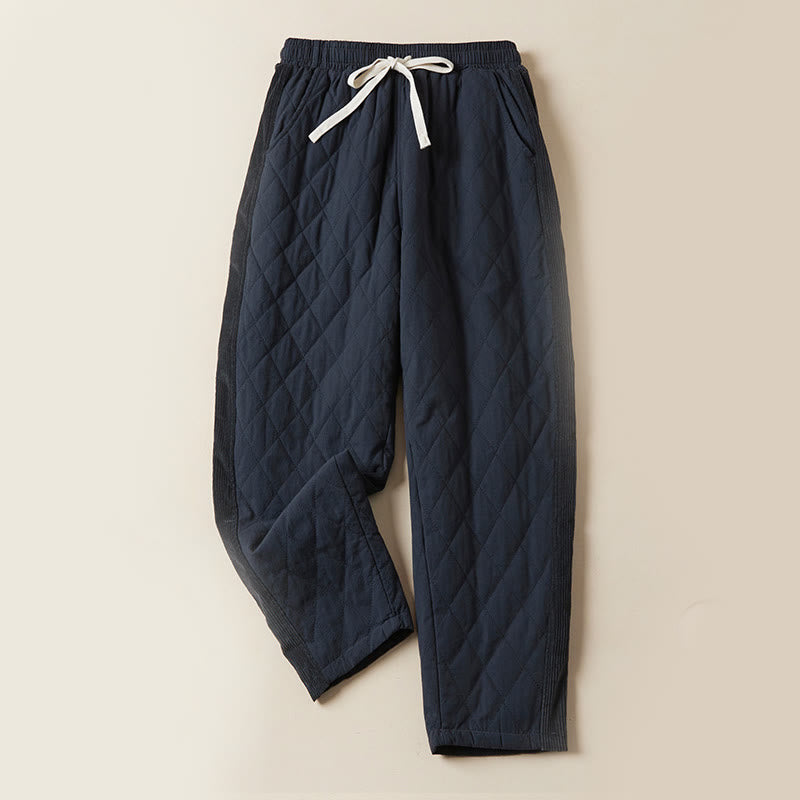 Pantalon sarouel en coton matelassé à motif losanges Buddha Stones pour femme, doublé polaire thermique, avec poches - Bleu nuit - US8-10，UK/AU12-14，EU40-42 (2XL) - image 1