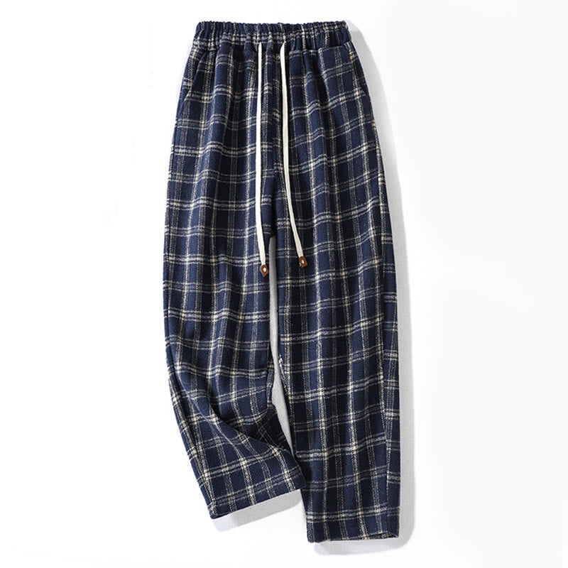 Pantalon sarouel en coton doublé polaire avec poches, motif à carreaux rétro Buddha Stones pour femme - Bleu nuit - US8-10，UK/AU12-14，EU40-42 (2XL) - image 1