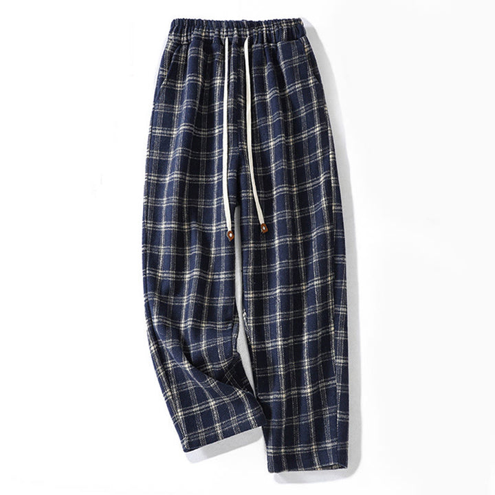 Pantalon sarouel en coton doublé polaire avec poches, motif à carreaux rétro Buddha Stones pour femme - Bleu nuit - US8-10，UK/AU12-14，EU40-42 (2XL) - image 1