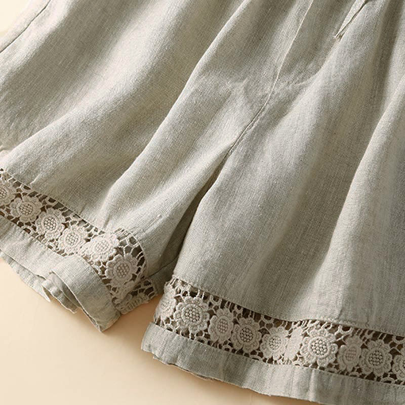 Short en coton et lin à lacets pour femme avec poches et bas uni en Buddha Stones creuse - image 9