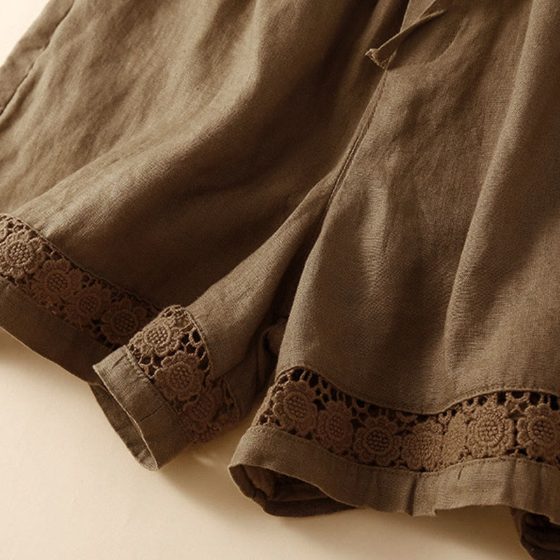 Short en coton et lin à lacets pour femme avec poches et bas uni en Buddha Stones creuse - image 53