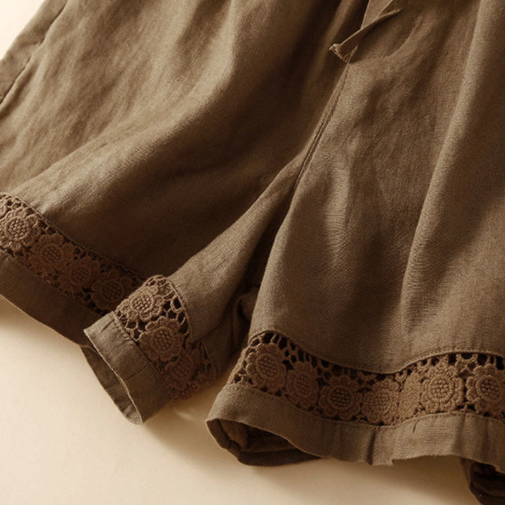 Short en coton et lin à lacets pour femme avec poches et bas uni en Buddha Stones creuse - image 53