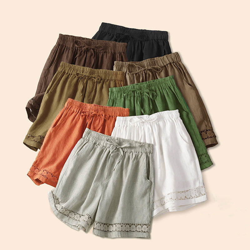 Short en coton et lin à lacets pour femme avec poches et bas uni en Buddha Stones creuse - image 2