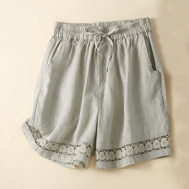 Short en coton et lin à lacets pour femme avec poches et bas uni en Buddha Stones creuse - Beige - US12，UK/AU16，EU44 (3XL) - image 1