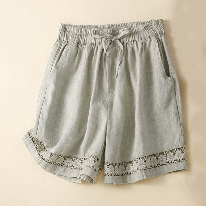 Short en coton et lin à lacets pour femme avec poches et bas uni en Buddha Stones creuse - Beige - US12，UK/AU16，EU44 (3XL) - image 1