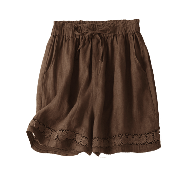 Short en coton et lin à lacets pour femme avec poches et bas uni en Buddha Stones creuse - image 43