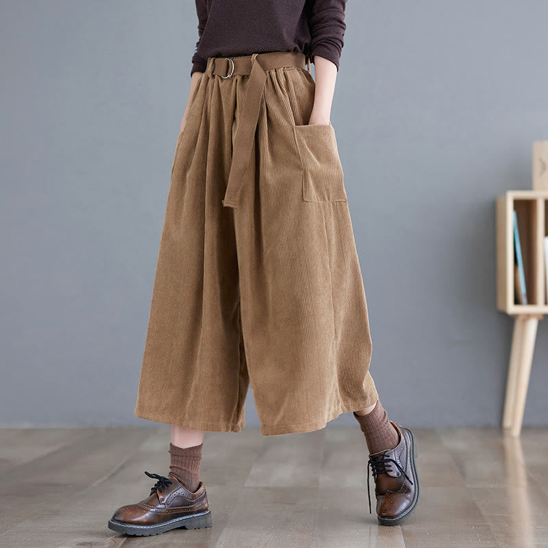 Pantalon en velours côtelé rétro Buddha Stones pour femme, jambes larges, longueur 7-8, avec poches et ceinture. - verge d'or - US8-10，UK/AU12-14，EU40-42 (2XL) - image 0