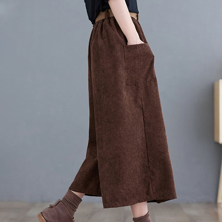 Pantalon en velours côtelé rétro Buddha Stones pour femme, jambes larges, longueur 7-8, avec poches et ceinture. - image 18