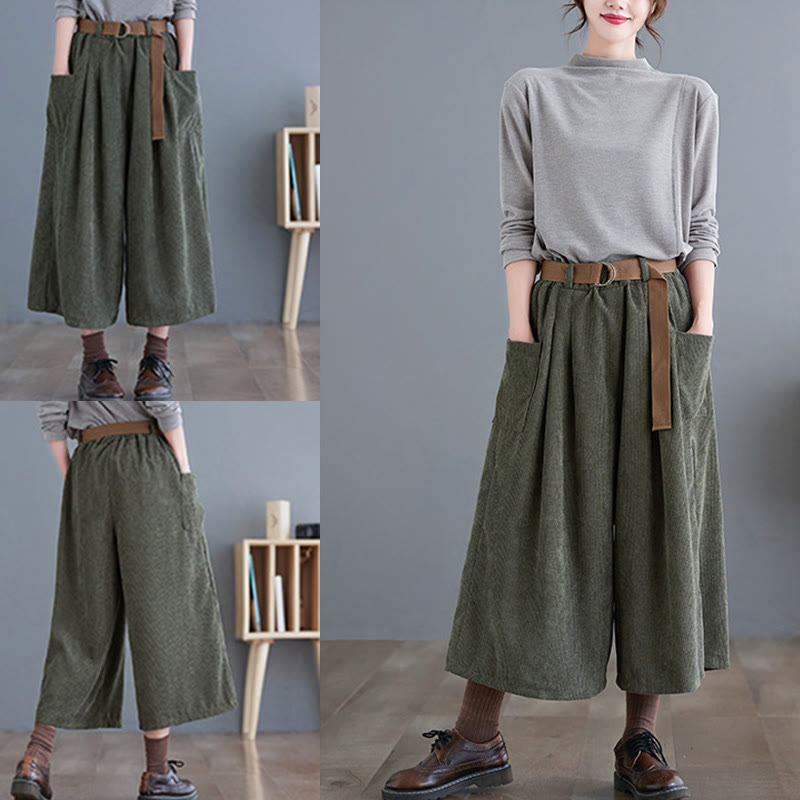 Pantalon en velours côtelé rétro Buddha Stones pour femme, jambes larges, longueur 7-8, avec poches et ceinture. - image 15