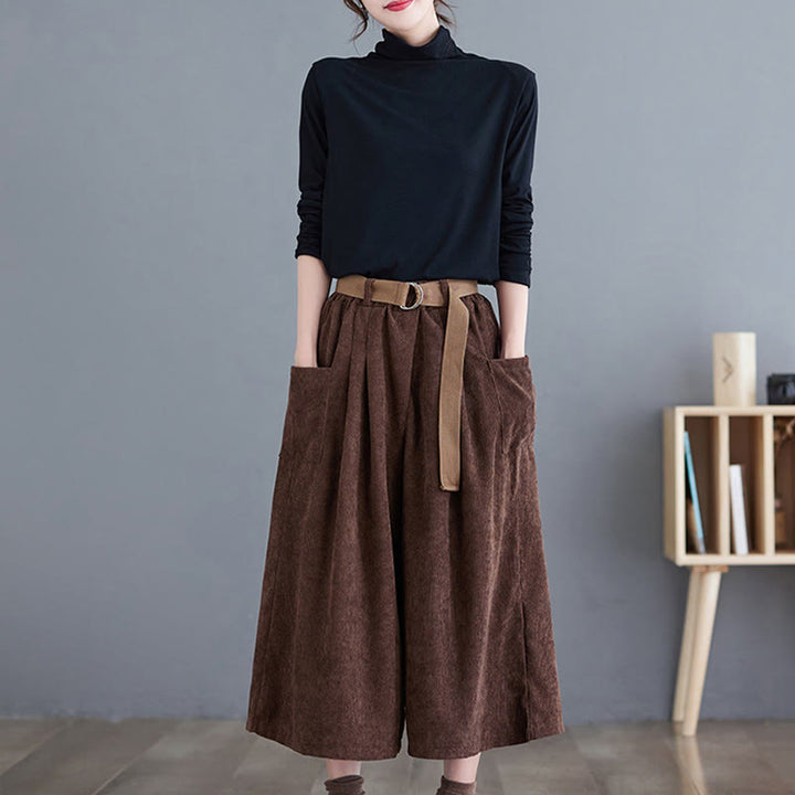 Pantalon en velours côtelé rétro Buddha Stones pour femme, jambes larges, longueur 7-8, avec poches et ceinture. - image 20