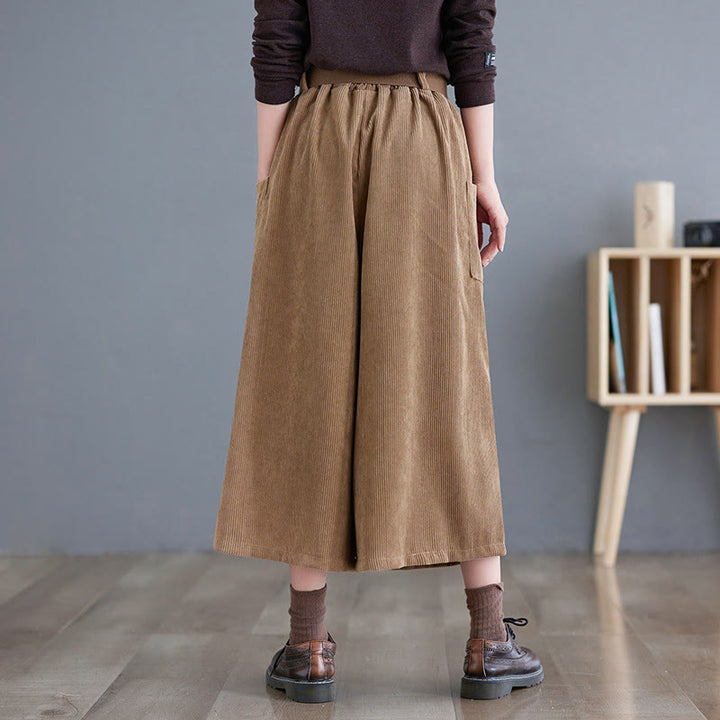 Pantalon en velours côtelé rétro Buddha Stones pour femme, jambes larges, longueur 7-8, avec poches et ceinture. - image 2