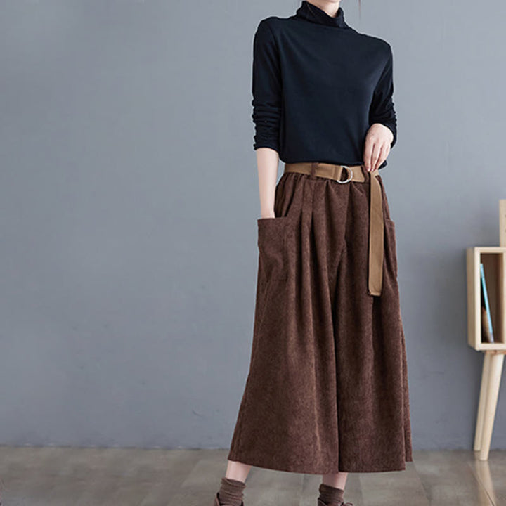 Pantalon en velours côtelé rétro Buddha Stones pour femme, jambes larges, longueur 7-8, avec poches et ceinture. - image 21