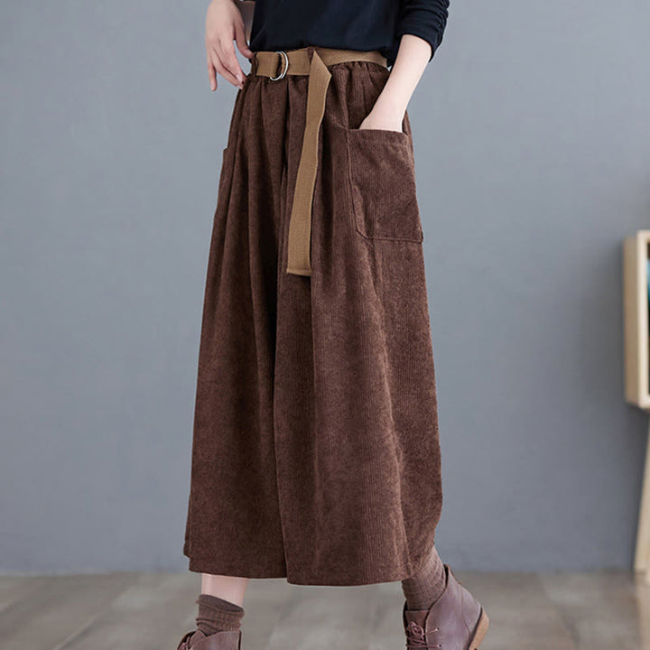 Pantalon en velours côtelé rétro Buddha Stones pour femme, jambes larges, longueur 7-8, avec poches et ceinture. - image 17