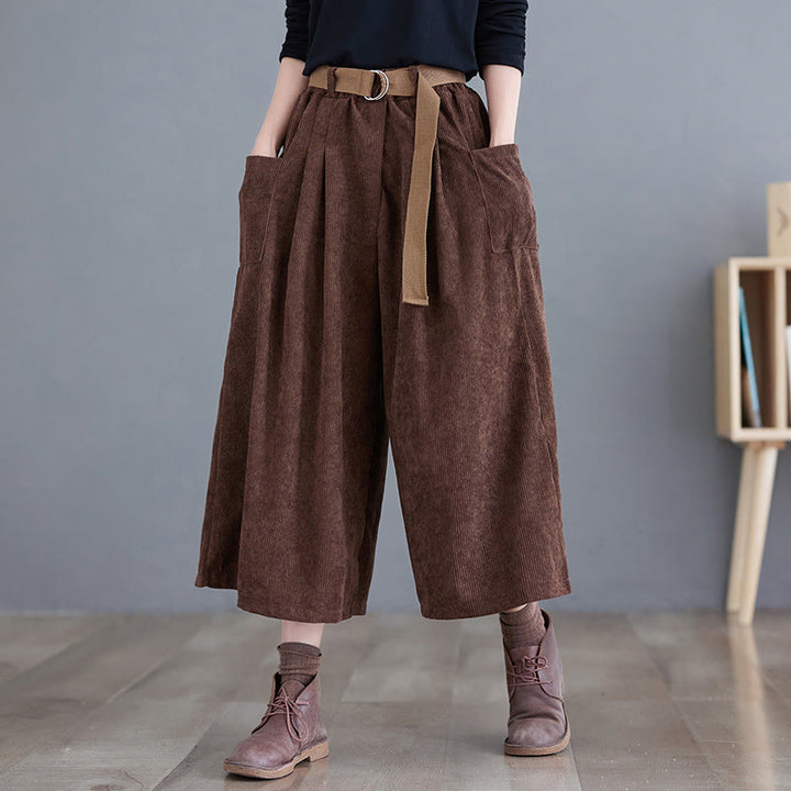 Pantalon en velours côtelé rétro Buddha Stones pour femme, jambes larges, longueur 7-8, avec poches et ceinture. - SaddleBrown - US12，UK/AU16，EU44 (2XL) - image 16