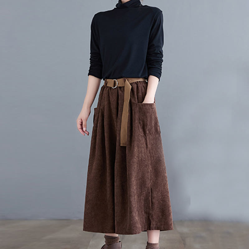 Pantalon en velours côtelé rétro Buddha Stones pour femme, jambes larges, longueur 7-8, avec poches et ceinture. - image 19