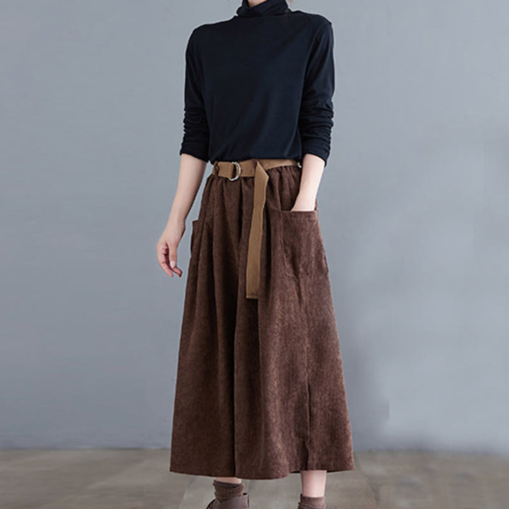 Pantalon en velours côtelé rétro Buddha Stones pour femme, jambes larges, longueur 7-8, avec poches et ceinture. - image 19