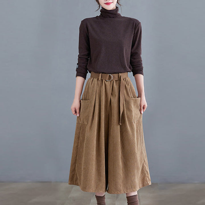 Pantalon en velours côtelé rétro Buddha Stones pour femme, jambes larges, longueur 7-8, avec poches et ceinture. - image 4