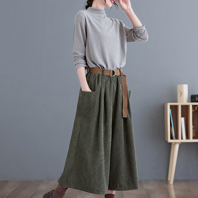 Pantalon en velours côtelé rétro Buddha Stones pour femme, jambes larges, longueur 7-8, avec poches et ceinture. - image 14