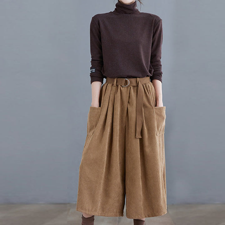 Pantalon en velours côtelé rétro Buddha Stones pour femme, jambes larges, longueur 7-8, avec poches et ceinture. - image 5