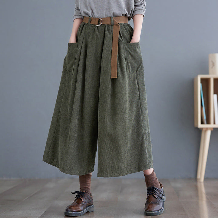 Pantalon en velours côtelé rétro Buddha Stones pour femme, jambes larges, longueur 7-8, avec poches et ceinture. - Vert olive foncé - US12，UK/AU16，EU44 (2XL) - image 11