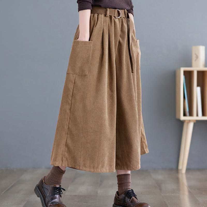 Pantalon en velours côtelé rétro Buddha Stones pour femme, jambes larges, longueur 7-8, avec poches et ceinture. - image 3