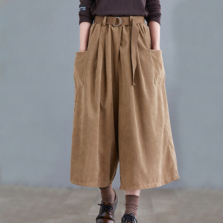 Pantalon en velours côtelé rétro Buddha Stones pour femme, jambes larges, longueur 7-8, avec poches et ceinture. - image 1